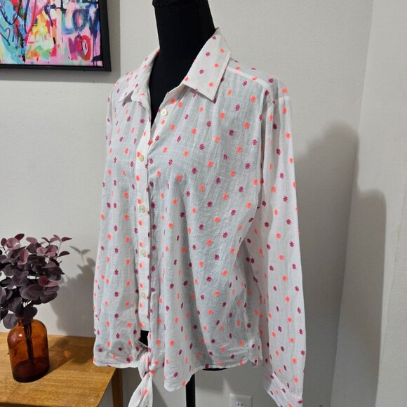 Ann Taylor Loft Polka Dot Tie Front White w Violet Coral - Sz L - Picture 3 of 12
